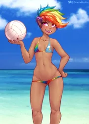 Size: 2364x3284 | Tagged: suggestive, artist:drizziedoodles, derpibooru import, rainbow dash, human, alternate hairstyle, beach, bedroom eyes, bikini, breasts, clothes, cutie mark, cutie mark on clothes, delicious flat chest, ear piercing, female, freckles, hand on hip, humanized, image, looking at you, nail polish, piercing, png, rainbow flat, short hair, small breasts, smiling, smirk, solo, solo female, sports, sweat, swimsuit, tooth gap, volleyball, water