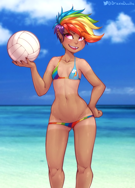 Size: 2364x3284 | Tagged: suggestive, alternate version, artist:drizziedoodles, derpibooru import, rainbow dash, human, alternate hairstyle, beach, bedroom eyes, bikini, breasts, clothes, cutie mark, cutie mark on clothes, delicious flat chest, ear piercing, female, freckles, hand on hip, humanized, image, looking at you, nail polish, piercing, png, rainbow flat, short hair, small breasts, smiling, smirk, solo, solo female, sports, sweat, swimsuit, tan lines, tooth gap, volleyball, water