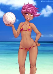 Size: 2364x3284 | Tagged: suggestive, alternate version, artist:drizziedoodles, derpibooru import, scootaloo, human, alternate character, beach, bedroom eyes, bikini, breasts, clothes, cutie mark, cutie mark on clothes, delicious flat chest, ear piercing, female, freckles, hand on hip, humanized, image, looking at you, nail polish, piercing, png, scootaflat, short hair, small breasts, smiling, smirk, solo, solo female, sports, sweat, swimsuit, tooth gap, volleyball, water