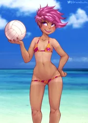 Size: 2364x3284 | Tagged: suggestive, alternate version, artist:drizziedoodles, derpibooru import, scootaloo, human, alternate character, beach, bedroom eyes, bikini, breasts, clothes, cutie mark, cutie mark on clothes, delicious flat chest, ear piercing, female, freckles, hand on hip, humanized, image, looking at you, nail polish, piercing, png, scootaflat, short hair, small breasts, smiling, smirk, solo, solo female, sports, sweat, swimsuit, tan lines, tooth gap, volleyball, water
