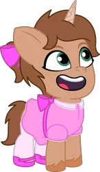 Size: 1394x2381 | Tagged: safe, artist:peternators, derpibooru import, oc, oc:heroic armour, unofficial characters only, pony, unicorn, bow, brown mane, brown tail, clothes, colt, crossdressing, dress, foal, full body, g5, hair bow, hooves, horn, image, male, mary janes, open mouth, open smile, png, ponytail, shoes, show accurate, simple background, smiling, socks, solo, standing, tail, thigh highs, transparent background, unicorn oc, unshorn fetlocks
