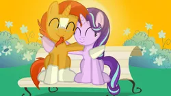 Size: 1280x720 | Tagged: safe, artist:mlplary6, derpibooru import, starlight glimmer, sunburst, pony, unicorn, female, hug, image, male, mare, png, shipping, smiling, stallion, starburst, straight, sunset