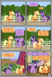 Size: 3255x4838 | Tagged: safe, artist:gutovi, derpibooru import, applejack, twilight sparkle, twilight sparkle (alicorn), alicorn, earth pony, pegasus, pony, unicorn, comic:why me!?, alternate ending, blushing, comic, female, hat, high res, image, lesbian, mare, png, shipping, show accurate, sweet apple acres, twijack