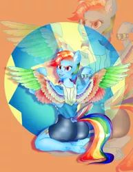 Size: 989x1280 | Tagged: safe, artist:kalamitykitty, derpibooru import, rainbow dash, anthro, pegasus, unguligrade anthro, back, colored wings, ear fluff, ear piercing, eyebrow piercing, female, flexing, image, jpeg, looking at you, looking back, looking back at you, multicolored wings, piercing, rainbow wings, rear view, solo, spread wings, tail, tail feathers, undercut, underhoof, wings, workout outfit, wristband, zoom layer