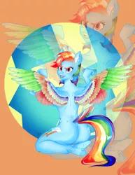 Size: 989x1280 | Tagged: suggestive, alternate version, artist:kalamitykitty, derpibooru import, rainbow dash, anthro, pegasus, unguligrade anthro, ass, back, breasts, butt, colored wings, ear fluff, ear piercing, eyebrow piercing, female, flexing, image, jpeg, looking at you, looking back, looking back at you, multicolored wings, nude version, piercing, rainbow wings, rear view, solo, solo female, spread wings, tail, tail feathers, underboob, undercut, underhoof, wings, zoom layer