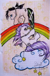 Size: 495x748 | Tagged: safe, artist:fukari, derpibooru import, oc, unofficial characters only, pegasus, pony, cloud, duo, graph paper, image, jpeg, pegasus oc, rainbow, traditional art, wings