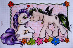 Size: 722x478 | Tagged: safe, artist:fukari, derpibooru import, oc, unofficial characters only, pegasus, pony, flower, graph paper, heart, image, jpeg, oc x oc, pegasus oc, shipping, traditional art, wings