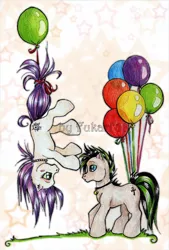 Size: 596x882 | Tagged: safe, artist:fukari, derpibooru import, pinkie pie, oc, unofficial characters only, earth pony, pony, balloon, duo, earth pony oc, floating, image, jewelry, jpeg, necklace, then watch her balloons lift her up to the sky, traditional art, upside down
