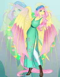 Size: 989x1280 | Tagged: safe, artist:kalamitykitty, derpibooru import, fluttershy, anthro, bat pony, unguligrade anthro, bandana, bat ponified, clothes, colored wings, dress, fangs, feathered wings, female, flutterbat, hoof boots, hybrid wings, image, jpeg, kneesocks, membranous wings, multicolored wings, race swap, side slit, slit pupils, socks, solo, tail, tail feathers, wings, zoom layer