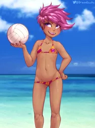 Size: 2364x3165 | Tagged: suggestive, alternate version, artist:drizziedoodles, banned from derpibooru, edit, scootaloo, human, alternate character, beach, bedroom eyes, belly button, bikini, breasts, child, clothes, cutie mark, cutie mark on clothes, delicious flat chest, ear piercing, female, freckles, hand on hip, humanized, image, lolicon, looking at you, nail polish, piercing, png, scootaflat, sexy, short hair, small breasts, smiling, smirk, solo, solo female, sports, sweat, swimsuit, tooth gap, underage, volleyball, water