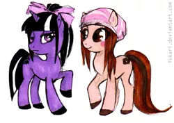 Size: 1261x895 | Tagged: safe, artist:fukari, derpibooru import, oc, unofficial characters only, pony, unicorn, beanie, blush sticker, blushing, colored hooves, duo, female, frown, full body, hat, hooves, horn, image, jpeg, lidded eyes, mare, raised hoof, simple background, smiling, standing, tail, traditional art, unicorn oc, white background
