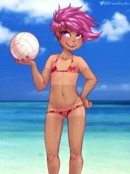 Size: 2364x3165 | Tagged: suggestive, alternate version, artist:drizziedoodles, banned from derpibooru, edit, scootaloo, human, alternate character, beach, bedroom eyes, belly button, bikini, breasts, child, clothes, cutie mark, cutie mark on clothes, delicious flat chest, ear piercing, female, freckles, hand on hip, humanized, image, lolicon, looking at you, nail polish, piercing, png, scootaflat, sexy, short hair, small breasts, smiling, smirk, solo, solo female, sports, sweat, swimsuit, tan lines, tooth gap, underage, volleyball, water