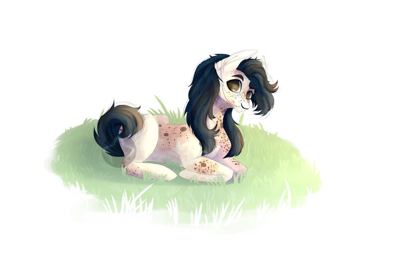 Size: 1280x870 | Tagged: safe, artist:meggychocolatka, derpibooru import, oc, unofficial characters only, earth pony, pony, earth pony oc, image, jpeg, lying down, prone, simple background, solo, white background