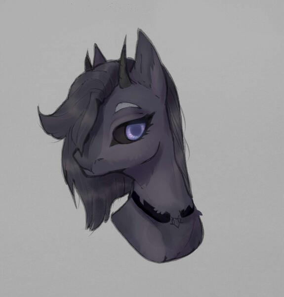 Size: 1035x1080 | Tagged: safe, artist:meggychocolatka, derpibooru import, oc, unofficial characters only, pony, black sclera, bust, gray background, horns, image, jpeg, simple background, solo