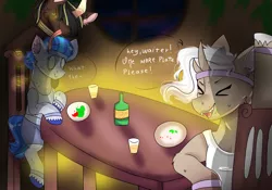 Size: 4000x2799 | Tagged: suggestive, artist:valkiria, derpibooru import, oc, oc:miruki, oc:saph quills, oc:valkiria, unofficial characters only, earth pony, unicorn, apple, beans, behind you, blue hair, bottle, chair, clothes, dialogue, drink, earth pony oc, eyes closed, fangs, food, food on face, glass, glow, glowing horn, gold, hair over eyes, head down, headband, horn, image, legband, long tongue, looking at someone, markings, multiple horns, neck rings, no pupils, omae wa mou shindeiru, piercing, plate, png, raised hoof, restaurant, salad, scar, shorts, shot glass, smiling, soup, striped mane, sweat, table, tail, tanktop, tongue out, two toned mane, two toned tail, unicorn oc, unshorn fetlocks, white hair, wide eyes, workout outfit, wristband