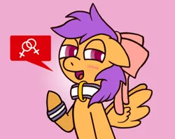 Size: 673x537 | Tagged: safe, artist:gogglesparks, derpibooru import, scootaloo, pony, alternate hairstyle, blushing, bow, bracelet, collar, female, filly, foal, hair bow, image, jewelry, jpeg, lesbian, lesboloo, lidded eyes, looking at you, open mouth, pink background, raised hoof, simple background, solo, speech bubble, spread wings, wings