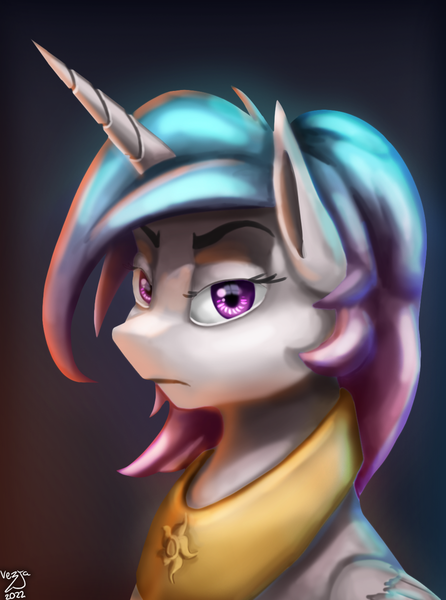 Size: 1000x1346 | Tagged: safe, artist:vezja, derpibooru import, princess celestia, alicorn, pony, equestria at war mod, abstract background, angry, bust, celestia is not amused, female, horn, image, jewelry, mare, png, portrait, regalia, signature, simple background, solo, unamused, wings