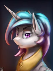 Size: 1000x1346 | Tagged: safe, artist:vezja, derpibooru import, princess celestia, alicorn, pony, equestria at war mod, abstract background, angry, bust, celestia is not amused, female, horn, image, jewelry, mare, png, portrait, regalia, signature, simple background, solo, unamused, wings