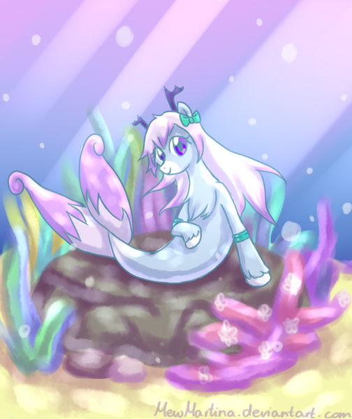 Size: 984x1172 | Tagged: safe, artist:churobu, derpibooru import, oc, unofficial characters only, merpony, pony, sea pony, seapony (g4), bubble, chest fluff, coral, crepuscular rays, female, flowing mane, flowing tail, image, mare, ocean, pink mane, png, ribbon, seaponified, smiling, solo, species swap, sunlight, tail, underwater, unshorn fetlocks, water