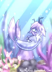 Size: 1244x1716 | Tagged: safe, artist:churobu, derpibooru import, oc, unofficial characters only, pony, sea pony, seapony (g4), antlers, coral, crepuscular rays, fish tail, hair over eyes, image, ocean, png, purple mane, seaponified, seapony oc, smiling, solo, species swap, sunlight, swimming, tail, underwater, unshorn fetlocks, water