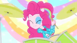 Size: 3410x1920 | Tagged: safe, derpibooru import, screencap, pinkie pie, equestria girls, rainbow rocks, shake your tail, cute, diapinkes, drum kit, drums, drumsticks, eyes closed, female, high res, image, jpeg, musical instrument, ponied up, smiling, solo