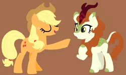 Size: 765x458 | Tagged: safe, artist:selenaede, artist:twilyisbestpone, derpibooru import, applejack, autumn blaze, earth pony, kirin, pony, awwtumn blaze, base used, brown background, cute, derpibooru exclusive, duo, duo female, eyes closed, female, happy, hoof on chest, image, jackabetes, kirin day, mare, open mouth, png, raised hoof, simple background, smiling