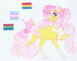 Size: 3709x2978 | Tagged: safe, artist:frozensoulpony, derpibooru import, fluttershy, pony, alternate design, colored wings, headcanon, image, jpeg, multicolored wings, pride flag, sexuality headcanon, solo, traditional art, transgender, wings