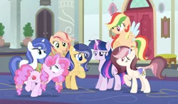 Size: 1280x747 | Tagged: safe, artist:auroranovasentry, derpibooru import, oc, oc:apple heaven, oc:aurora nova, oc:cookie charm, oc:empathy jewel, oc:roselia, oc:zap cloud, hybrid, pegasus, pony, unicorn, female, image, interspecies offspring, jpeg, magical lesbian spawn, mare, offspring, parent:applejack, parent:discord, parent:fancypants, parent:flash sentry, parent:fluttershy, parent:pinkie pie, parent:pokey pierce, parent:rainbow dash, parent:rarity, parent:twilight sparkle, parents:appledash, parents:discoshy, parents:flashlight, parents:pokeypie, parents:raripants, watermark