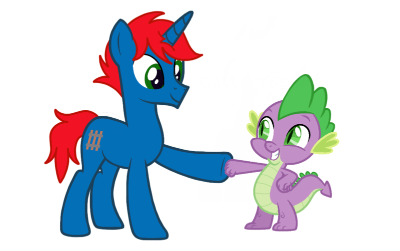 Size: 1098x691 | Tagged: safe, artist:gallantserver, artist:ry-bluepony1, derpibooru import, spike, oc, oc:train track, dragon, unicorn, base used, claw, fist bump, hair, horn, image, mane, png, raised hoof, show accurate, simple background, tail, transparent background