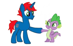 Size: 1098x691 | Tagged: safe, artist:gallantserver, artist:ry-bluepony1, derpibooru import, spike, oc, oc:train track, dragon, unicorn, base used, claw, fist bump, hair, horn, image, mane, png, raised hoof, show accurate, simple background, tail, transparent background