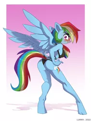 Size: 2819x3726 | Tagged: suggestive, artist:lummh, derpibooru import, rainbow dash, anthro, pegasus, unguligrade anthro, ass, blushing, bra, butt, clothes, commission, embarrassed, female, image, jpeg, lingerie, looking back, panties, pinup, simple background, solo, solo female, underwear