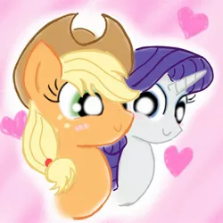 Size: 2048x2048 | Tagged: safe, artist:tiga mega, derpibooru import, applejack, rarity, earth pony, pony, unicorn, applejack's hat, bust, cowboy hat, female, hat, heart, horn, image, jpeg, lesbian, mare, rarijack, shipping, smiling