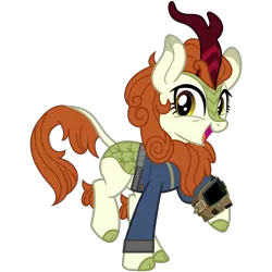 Size: 3200x3200 | Tagged: safe, artist:ponygamer2020, derpibooru import, autumn blaze, kirin, fallout equestria, sounds of silence, awwtumn blaze, clothes, cute, daaaaaaaaaaaw, fallout, female, happy, image, jumpsuit, kirin day, kirinbetes, looking at you, pipboy, png, raised hoof, simple background, smiling, smirk, solo, transparent background, vault suit, vector