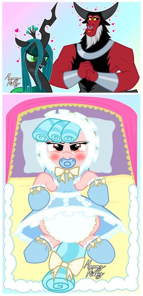 Size: 992x2048 | Tagged: questionable, artist:mommymidday, derpibooru import, cozy glow, lord tirek, queen chrysalis, changeling, changeling queen, pegasus, pony, abdl, angry, blushing, bonnet, booties, bow, commission, cozybetes, cute, diaper, diaper fetish, female, fetish, filly, foal, hair bow, heart, heart eyes, humiliation, hypno eyes, hypnosis, hypnotized, image, jpeg, lying down, mittens, on back, pacifier, poofy diaper, ribbon, ruffles, sissy, sissyfication, spell gone wrong, stroller, swirly eyes, wingding eyes