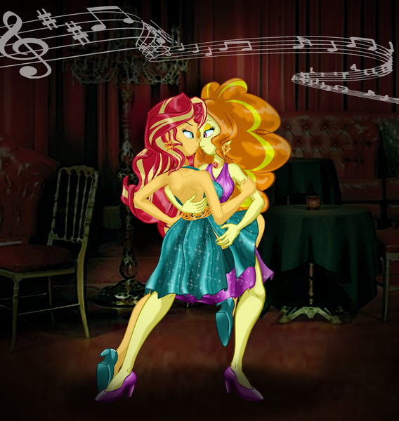 Size: 2196x2320 | Tagged: safe, artist:ponymaan, derpibooru import, adagio dazzle, sunset shimmer, equestria girls, backless, bare shoulders, clothes, dancing, dress, duo, female, high heels, image, lesbian, music notes, png, shipping, shoes, sleeveless, sunsagio, tango