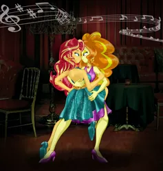 Size: 2196x2320 | Tagged: safe, artist:ponymaan, derpibooru import, adagio dazzle, sunset shimmer, equestria girls, backless, bare shoulders, clothes, dancing, dress, duo, female, high heels, image, lesbian, music notes, png, shipping, shoes, sleeveless, sunsagio, tango