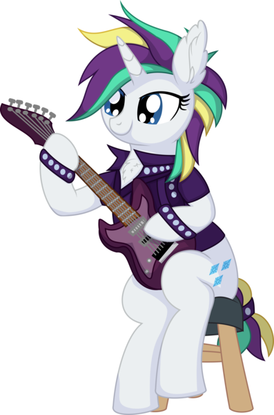 Size: 5499x8310 | Tagged: safe, artist:cyanlightning, derpibooru import, rarity, pony, unicorn, .svg available, absurd resolution, alternate hairstyle, chest fluff, clothes, ear fluff, female, guitar, image, mare, musical instrument, png, punk, raripunk, simple background, sitting, solo, transparent background, vector