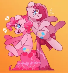 Size: 3362x3619 | Tagged: safe, artist:cocopudu, derpibooru import, pinkie pie, earth pony, pony, duo, emanata, female, gradient background, image, jpeg, mare, open mouth, open smile, pinkamena diane pie, self paradox, self ponidox, smiling, teary eyes, white pupils