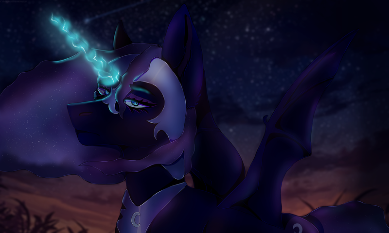 Size: 2500x1500 | Tagged: safe, artist:cyberpriduroksiriuis, derpibooru import, nightmare moon, alicorn, pony, bat wings, cloud, ethereal mane, female, glow, glowing horn, horn, image, lidded eyes, looking at you, mare, png, sky, solo, stars, twilight (astronomy), wind, windswept mane, wings