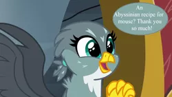 Size: 1280x720 | Tagged: safe, derpibooru import, edit, edited screencap, screencap, gabby, the fault in our cutie marks, carnivore, cute, furry reminder, gabbybetes, griffonstone, happy, image, png, solo, speech bubble
