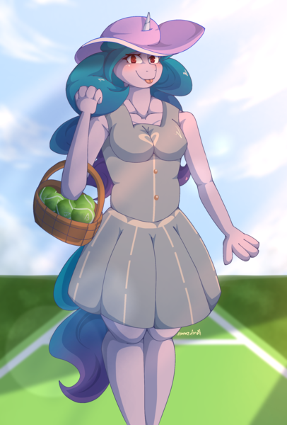 Size: 1701x2512 | Tagged: safe, artist:nanazdina, derpibooru import, izzy moonbow, anthro, unicorn, my little pony: a new generation, :p, ball, blushing, cute, field, g5, ibispaint x, image, izzy's tennis ball, izzybetes, looking at you, png, solo, tennis ball, tongue out