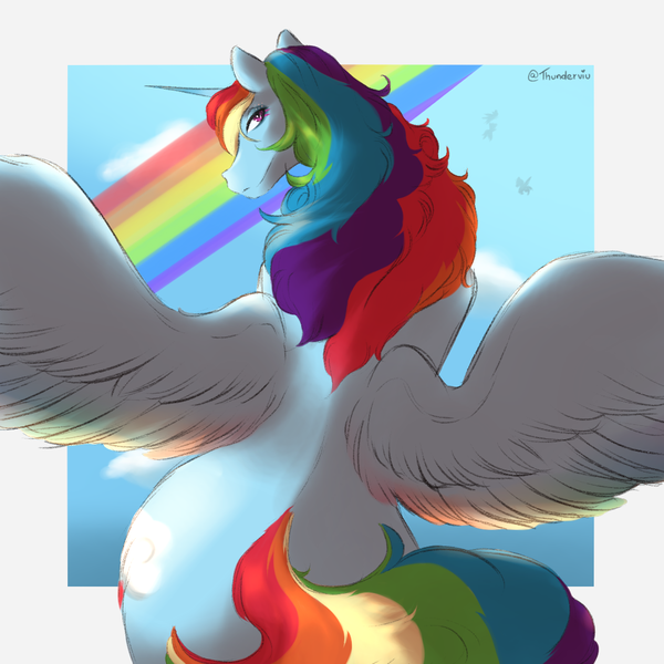 Size: 1080x1080 | Tagged: safe, artist:thundersnivy, derpibooru import, rainbow dash, alicorn, pony, alicornified, cloud, female, from behind, image, looking at you, looking back, looking back at you, mare, png, race swap, rainbow, rainbowcorn, signature, sky, smiling, solo, spread wings, wings