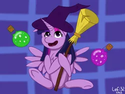Size: 1999x1511 | Tagged: safe, artist:lefi32, derpibooru import, twilight sparkle, alicorn, pony, broom, checkered background, hat, holding, horn, image, jpeg, potion, simple background, smiling, solo, wings, witch, witch hat, witchcraft