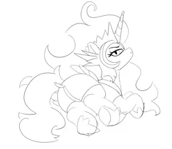 Size: 1200x1039 | Tagged: suggestive, artist:pabbley, derpibooru import, daybreaker, alicorn, pony, black and white, butt, daybutt, dock, featureless crotch, female, grayscale, image, lidded eyes, lineart, looking at you, looking back, looking back at you, lying down, mare, monochrome, plot, png, side, simple background, sketch, tail, white background