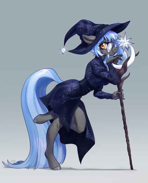 Size: 1560x1923 | Tagged: safe, artist:lunnita_pony, derpibooru import, oc, unofficial characters only, anthro, earth pony, unguligrade anthro, glasses, hat, image, jpeg, solo, staff, witch costume, witch hat