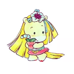 Size: 350x350 | Tagged: safe, derpibooru import, official, earth pony, pony, bipedal, blonde, clothes, dress, flower, flower pot, g1, hair accessory, hair ribbon, image, jpeg, ribbon, sara sara, simple background, solo, straight hair, takara pony, white background