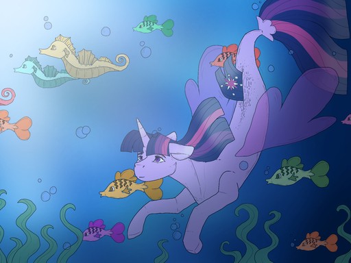 Size: 512x384 | Tagged: safe, artist:unknownfilters, derpibooru import, twilight sparkle, twilight sparkle (alicorn), alicorn, fish, pony, sea pony, seapony (g4), blue background, bubble, clothes, crepuscular rays, dorsal fin, female, fin wings, fins, fish tail, flowing mane, flowing tail, horn, image, jpeg, mare, ocean, purple eyes, seaponified, seapony twilight, seaquestria, seaweed, see-through, simple background, solo, species swap, sunlight, swimming, tail, underwater, water, wings