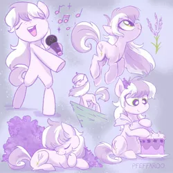 Size: 2048x2048 | Tagged: safe, artist:pfeffaroo, derpibooru import, oc, oc:lavender spring, unofficial characters only, earth pony, bipedal, bush, cake, cliff, earth pony oc, flower, food, frosting, hopping, image, jpeg, lavender, microphone, music notes, plant, singing, sleeping, standing