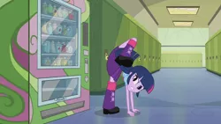 Size: 3410x1920 | Tagged: safe, derpibooru import, screencap, twilight sparkle, equestria girls, equestria girls (movie), boots, clothes, female, hallway, high res, image, jpeg, lockers, shoes, solo, vending machine