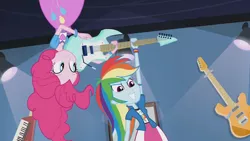Size: 3410x1920 | Tagged: safe, derpibooru import, screencap, pinkie pie, rainbow dash, equestria girls, guitar centered, rainbow rocks, clothes, cutie mark, cutie mark on clothes, duo, duo female, electric guitar, female, grin, guitar, high res, image, jpeg, musical instrument, smiling, upside down